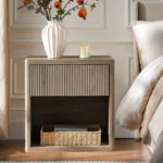 Modern fluted nightstand with drawer in ash brown, featuring a spacious drawer and open shelf for storage