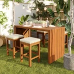 5 Piece Modern Eco-Friendly Acacia Wood Outdoor Bar Set with Bar Height Table Four Stools Cushions for Backyard Poolside