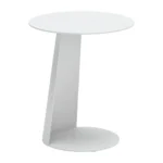 White aluminum outdoor side table with foldable legs and rounded granite finish placed on a patio