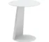 White outdoor side table on a patio with a plant and a drink