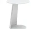 White outdoor side table on a patio with a plant and a drink