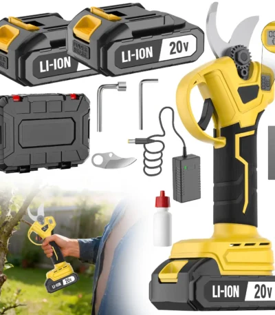 Goldoma cordless pruning shears cutting a thick branch in a garden