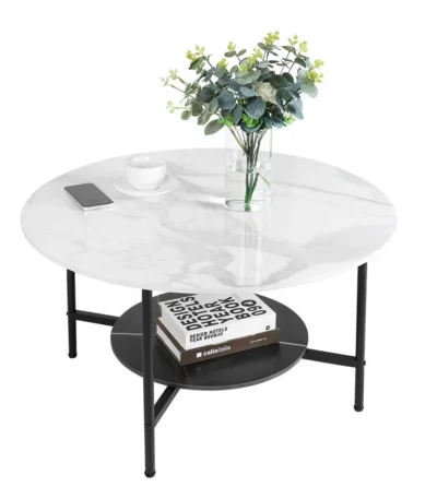 Modern sintered stone coffee table with metal legs in a living room