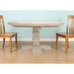 58 inch round solid wood dining table with distressed pedestal base in natural light brown finish