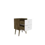 Mid century modern nightstand with 2 drawers in rustic brown and white finish for bedroom storage
