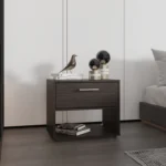 Modern walnut nightstand with drawer and shelf in a bedroom setting