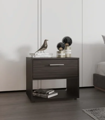 Modern walnut nightstand with drawer and shelf in a bedroom setting