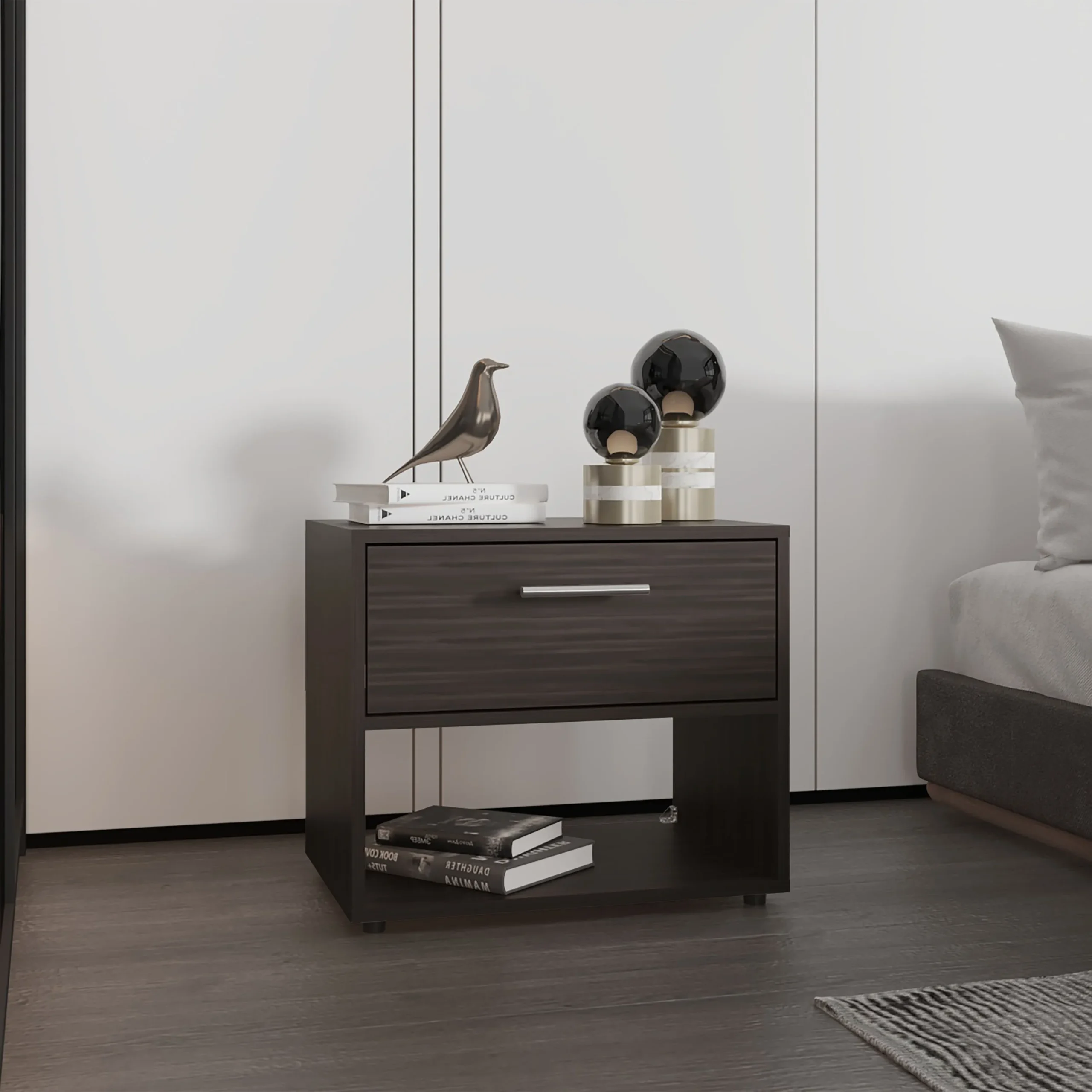 H4399ae09d91d4d67ac270c24f1670799G.webp Modern walnut nightstand with drawer and shelf in a bedroom setting