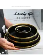 Gilt Rim Black Porcelain Dinner Plates Kitchen Dishes Ceramics Tableware Food Tray Rice Salad Noodles Bowl Cutlery Set