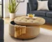 Goldoma Round Tufted Storage Ottoman with Nailhead Trim, Beige Fabric