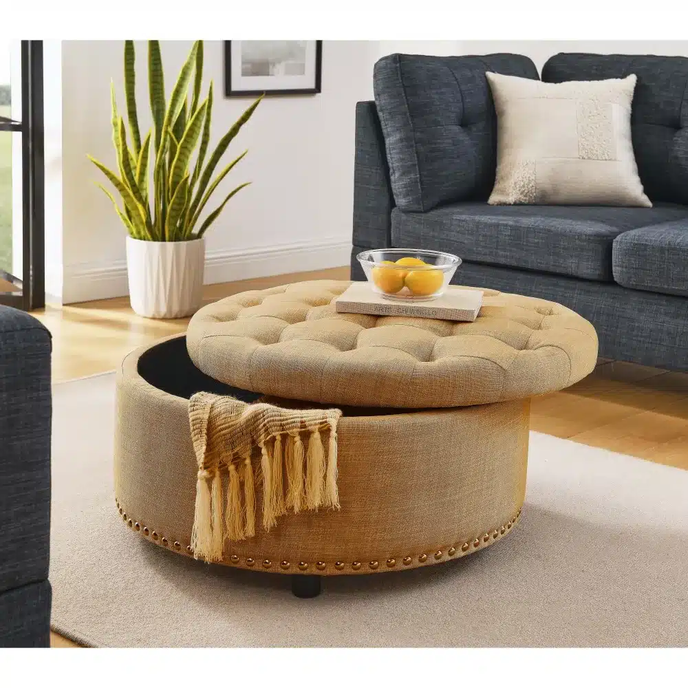Goldoma Round Tufted Storage Ottoman with Nailhead Trim, Beige Fabric