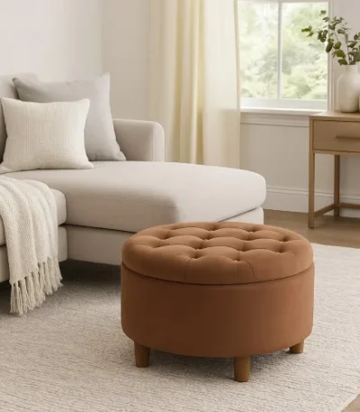 Goldoma 28-inch round velvet lift top storage ottoman in spice brown with hidden storage and adjustable table surface