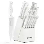White 15 Pieces Carbon Steel Kitchen Knife Set with Knife Holder Inner Sharpener Kitchen Scissors – angled view