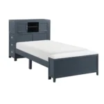 Goldoma Navy Blue Twin Adjustable Platform Bed with storage, bookcase headboard, hidden desk, drawers, and bench