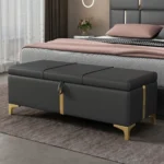 Goldoma velvet storage ottoman bench with metal legs in gray, showing hidden storage compartment and soft upholstery