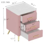 Modern upholstered nightstand with 3 drawers and metal legs in bedroom setting