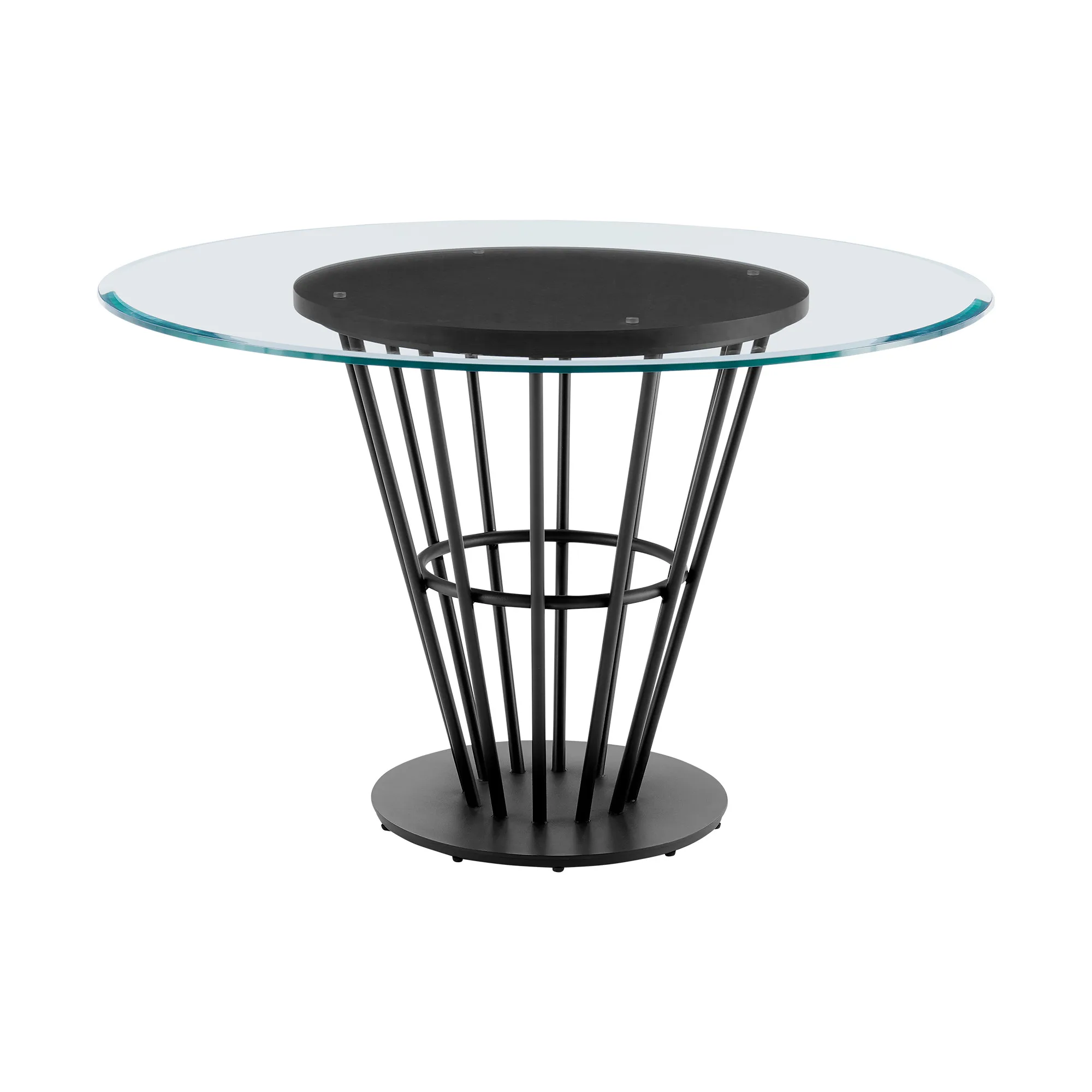 H444b638d6ecd4028829a5085b97eb963f.webp Round glass dining table with black iron pedestal base in a modern dining room setting