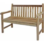 Modern natural teak outdoor garden bench with metal frame on patio