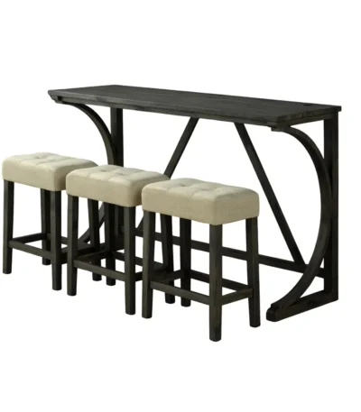 Modern brown dining table set with USB ports and three beige biscuit-tufted stools