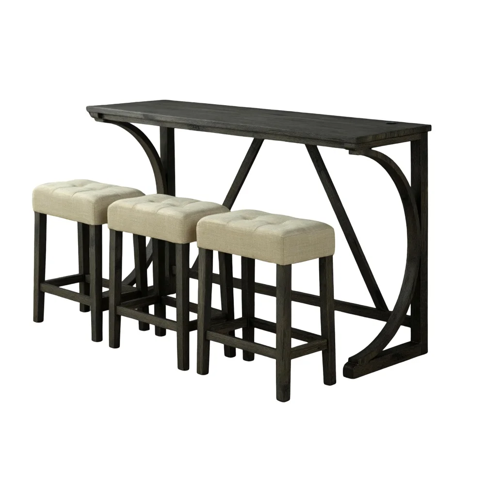 H449a03a0b0f7423ebf731da3846ebfd5M.webp Modern brown dining table set with USB ports and three beige biscuit-tufted stools