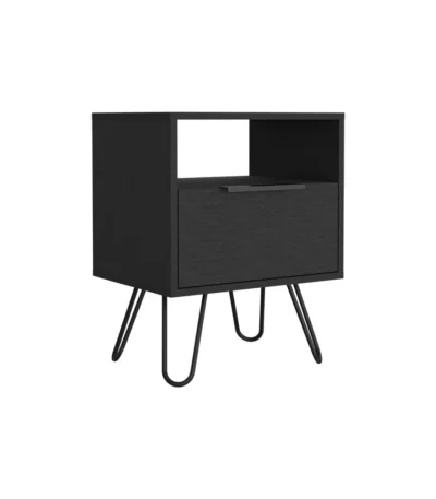 Modern single drawer nightstand with hairpin legs in black wengue finish