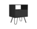 Modern black nightstand with drawer and hairpin legs in a bedroom setting