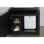 Black and white nightstand with cooler and Bluetooth speaker featuring modern design, blue LED lighting, and grooved front panel