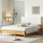 Goldoma queen size modern convertible platform bed with diamond crystal frame and boucle upholstered headboard in beech white