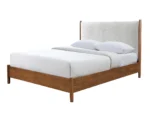 Adjustable full size bed with walnut panel headboard and beige upholstery featuring diamond crystal design and oak slat support