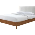Adjustable full size bed with walnut panel headboard and beige upholstery featuring diamond crystal design and oak slat support