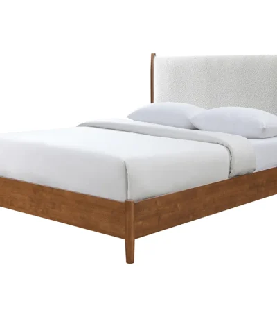 Adjustable full size bed with walnut panel headboard and beige upholstery featuring diamond crystal design and oak slat support
