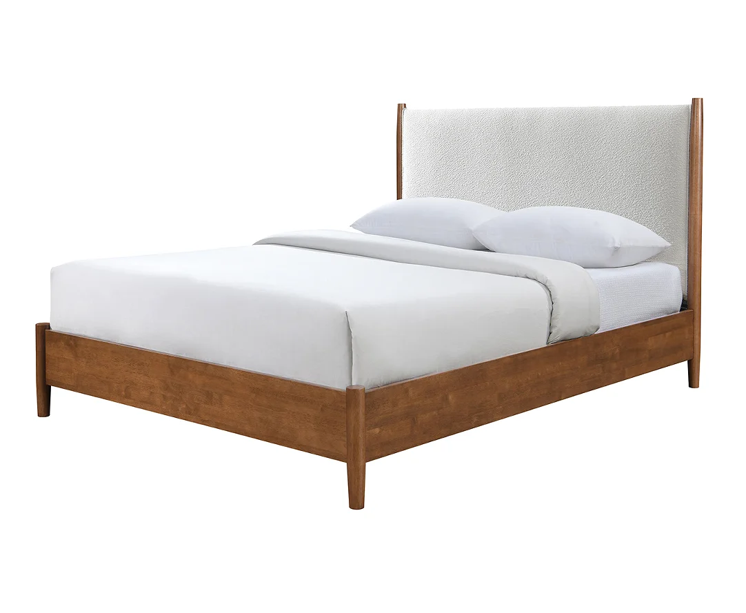 H4536ef7546ef42c6844ab69ade2c3916B.webp Adjustable full size bed with walnut panel headboard and beige upholstery featuring diamond crystal design and oak slat support