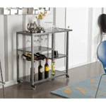 HMS Luxury Black Gray Glass Rolling Bar Cart Dining/Terrace Serving Trolley Wine Storage for Living Room Restaurant Metal Wood - Image 4