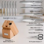 Kuisine 15-piece stainless steel knife set with natural wood block and built-in sharpener