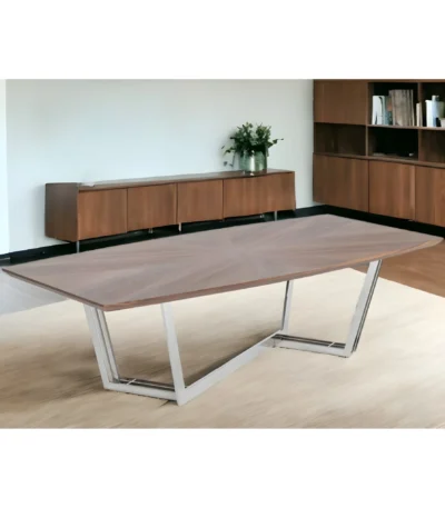 107 inch rectangular dining table with walnut top and silver iron trestle base in a dining room