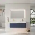 Homein 60-inch modern blue floating double sink vanity with engineered stone top, front view against a tiled wall.