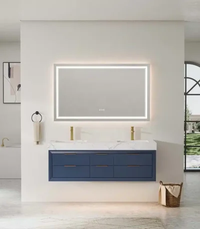Homein 60-inch modern blue floating double sink vanity with engineered stone top, front view against a tiled wall.