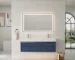 Homein 60-inch modern blue floating double sink vanity with engineered stone top, front view against a tiled wall.