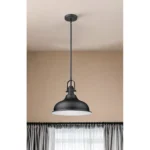 Close-up of the black dome shade and exposed rattan weave on the 60W hanging light, highlighting the E26 bulb socket.