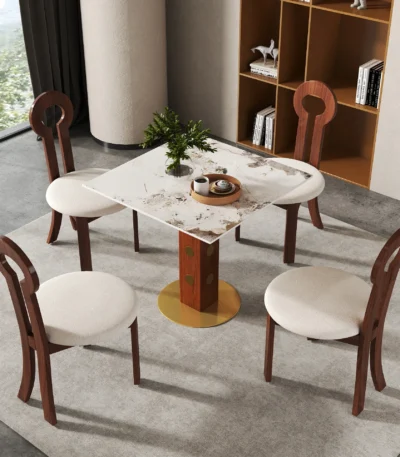 Modern sintered stone square dining table for 4 by Goldoma, white top with metal legs in dining room