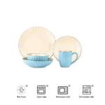 Elegant stoneware dinner set for 4 with embossed pattern on a wooden table