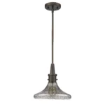 HMS modern antique bronze hanging light with pebbled glass shade, shown from front angle against a white wall.