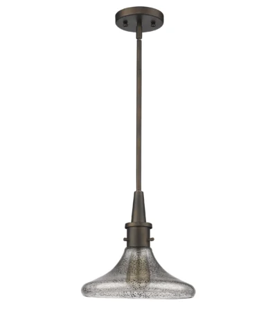 HMS modern antique bronze hanging light with pebbled glass shade, shown from front angle against a white wall.