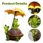 Solar frog garden decor on wooden deck, turtle base, umbrella shade, natural sunlight showing green resin finish.
