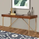 Modern Wooden Writing Desk with Metal Legs Brown Finish Storage Eco-Friendly & for Home Office and Living Room