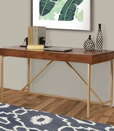 Modern Wooden Writing Desk with Metal Legs Brown Finish Storage Eco-Friendly & for Home Office and Living Room