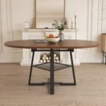 47 inch antique extendable round dining table in walnut finish with metal frame for 4-8 guests