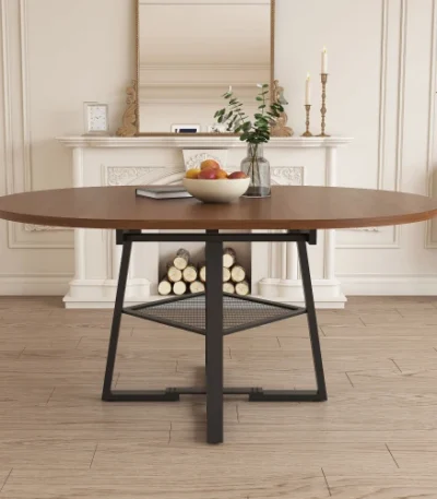 47 inch antique extendable round dining table in walnut finish with metal frame for 4-8 guests