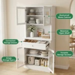 Modern White Wooden Tall Kitchen Hutch Sideboards Cabinet with Glass Doors Drawer Open Appliance Counter Coffee Bar Cabinet