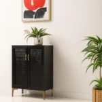 HMS Modern Rustic Bar Cabinet with Black Gold Finish and Faux Rattan Accents - Image 3